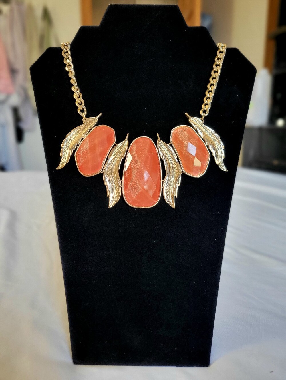 ​Orange Gold Feather Accent Statement Bib Necklace